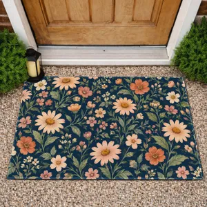 Navy Blue Country Wildflower Blooms For Cozy Cottage Entryway And Garden Home Style Doormat