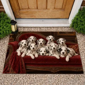 Spotted Dalmatian Puppies Lounging on Red Chaise for Cozy Pet Lover Home Styling Doormat