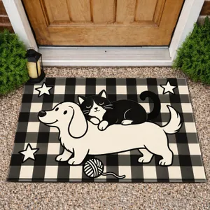Black Cat Resting on White Dog for Cozy Farmhouse Pet Lovers Doormat