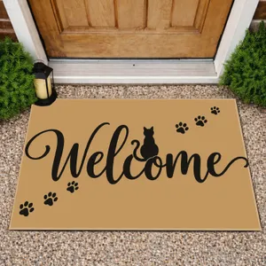 Black Cat Welcome Script with Paw Prints for Cozy Cat Lover Entryway and Home Style Doormat