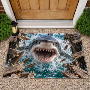 Great White Shark Breaking Through Weathered Pier for Dramatic Coastal Home Decor Doormat