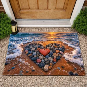 Sunset Shore Pebble Heart Scene for Coastal Home Entryway Style and Beach Lovers Doormat