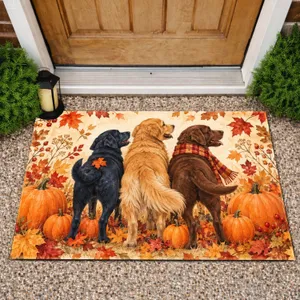Three Cozy Dogs with Pumpkins and Autumn Leaves for a Warm Fall Home Entryway Doormat