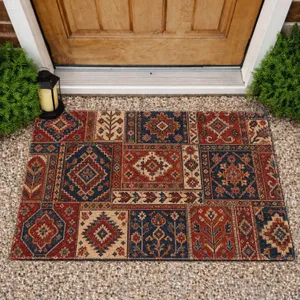Vintage Red Persian Patchwork Motifs for Cozy Eclectic Bohemian Home Living Spaces Doormat