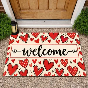 Red Heart Welcome Lettering for Valentine's Day Entryway and Romantic Home Decor Accent Doormat