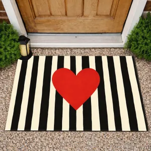 Black And Ivory Stripes With Red Heart For A Bold Everyday Entryway Style Classic Doormat