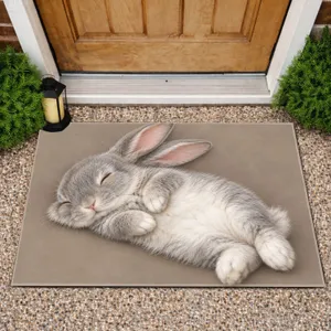 Sleepy Gray Rabbit With Pink Ears For Cozy Cottage And Woodland Home Styling Lovers Doormat