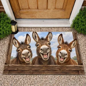 Three Laughing Donkeys at Rustic Barn Window for Farmhouse Country Home Animal Lovers Doormat