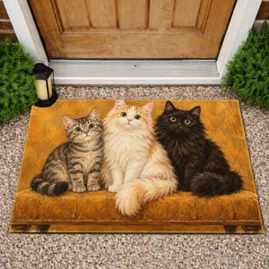 Three Curious Cats on an Ochre Sofa for Cozy Farmhouse Homes and Cat Lovers Everywhere Doormat