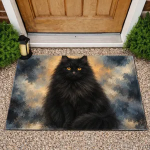 Glowing-Eyed Black Cat Portrait for Cozy Pet-Loving Homes, Feline Fans and Cat Lovers Doormat