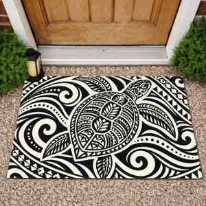 Black And White Ornamental Turtle Motif For Coastal Entryway Style And Nature Lovers Doormat