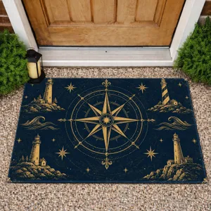 Antique Compass Rose And Lighthouse Scene For Nautical Coastal Home Style Doormat