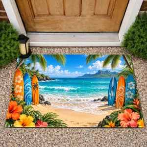 Colorful Tropical Surfboards and Ocean Blooms for Relaxed Coastal Living by the Sea Doormat