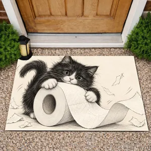 Black And White Cat With Toilet Paper For Playful Cat Lover Homes Doormat