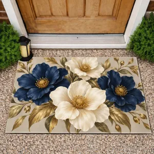 Navy Ivory Gold Floral Bouquet for Elegant Home Entryway Style Doormat