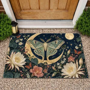 Moonlit Moth And Crescent Flowers For Enchanted Nighttime Garden Lovers Doormat