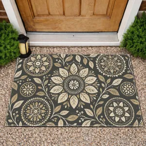 Charcoal Mandala Leaf Motifs for Calm Botanical Entryway Style in Welcoming Homes Doormat