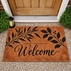 Rustic Welcome Lettering With Botanical Branches For A Warm, Nature-Inspired Entryway Doormat