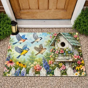 Garden Birdhouse With Colorful Birds for Cottagecore Living and Nature Lovers at Home Doormat