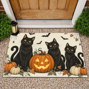 Three Black Cats And Jack-O'-Lanterns For A Spooky Halloween Entryway Gathering Doormat