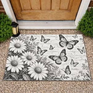 Black And White Daisies And Butterflies For A Calm Nature-Inspired Home Entryway Doormat