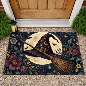 Moon Witch Hat And Broom With Floral Celestial Motifs For Halloween Seasonal Home Decor Doormat