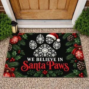 Santa Paws Christmas Paw Prints And Holly For Festive Dog Lover Holiday Decor Doormat