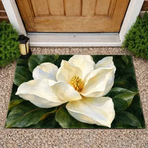 White Magnolia Flower on Deep Green for a Calm Nature-Inspired Home Entryway Decor Doormat