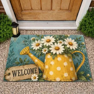 Vintage Daisy Bouquet and Yellow Watering Can for a Cheerful Spring Home Entryway Doormat