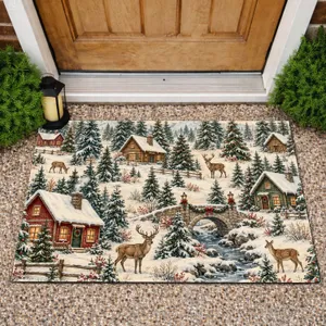 Snowy Pine Forest Cabins and Reindeer for Cozy Christmas Holiday Home Décor Season Doormat