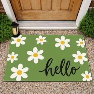 White Daisy Hello on Green Background for Cheerful Spring Entryway Home Decor Doormat