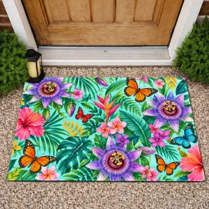 Tropical Hibiscus And Butterfly Garden For Cheerful Indoor Outdoor Home Living Doormat