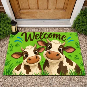Smiling Cow Pair Welcome Sign for Cheerful Farmhouse Entryway and Country Home Style Doormat