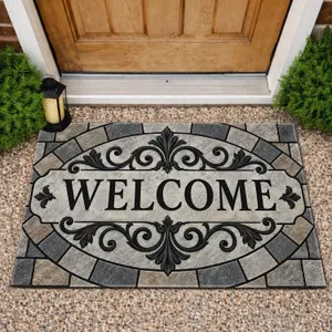 Vintage Welcome Plaque with Ornate Scrollwork for a Warm Traditional Home Entryway Doormat