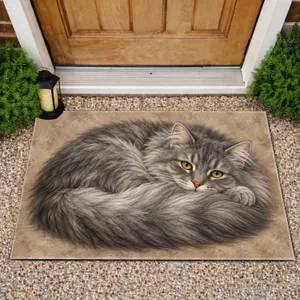 Fluffy Gray Cat Resting Cozy Home Accent for Cat Lovers and Calm Living Spaces Doormat