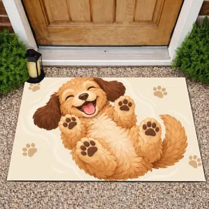 Laughing Golden Puppy Belly-Up for Cozy Bedroom Charm in Dog-Loving Homes Doormat