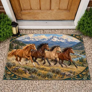 Four Running Horses Across Mountain Valleys for Rustic Western Country Home Style Doormat