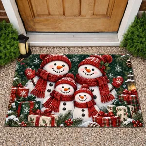 Snowman Family with Red Hats and Gifts for a Cheerful Christmas Winter Holiday Home Doormat