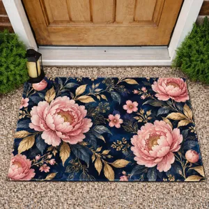 Navy Blue Peonies And Gold Botanicals For Refined Everyday Entryway Living Style Doormat