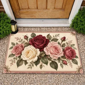 Vintage Burgundy Rose Bouquet for Romantic Farmhouse Entryways and Cottage Home Style Doormat
