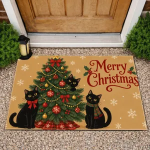 Black Cats And Evergreen Tree For Whimsical Christmas Holiday Cheer Doormat
