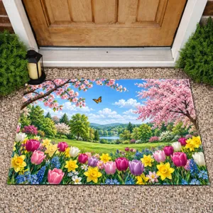 Cherry Blossom Tulip Garden for Springtime Nature Lovers and Floral Home Style Doormat