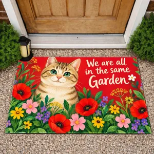Whimsical Tabby Cat Among Garden Flowers for Cheerful Pet-Loving Home Entryway Decor Doormat