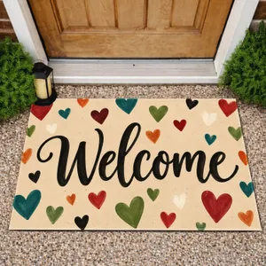 Colorful Heart Welcome Lettering for Cheerful Entryway and Cozy Home Styling Doormat