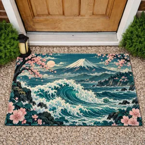 Mount Fuji Cherry Blossoms and Teal Ocean Wave for Calm Japanese-Inspired Entryways Doormat