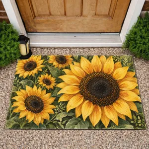 Golden Sunflowers and Olive Foliage for a Cheerful Country Cottage Entryway Decor Doormat
