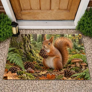 Red Squirrel Holding Pinecone for Cozy Woodland Autumn Home Entryway Seasonal Decor Doormat