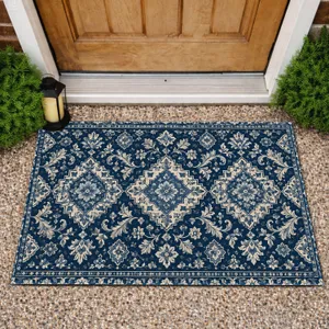 Distressed Navy Medallion Motifs for a Timeless Entryway and Classic Home Style Doormat