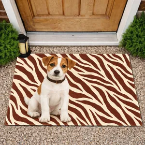 Rustic Zebra Stripes With Sitting Puppy for Warm Animal-Loving Entryway Living Doormat