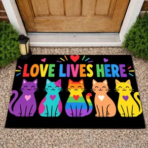 Four Rainbow Cats and Love Lives Here for Cheerful Cat-Loving Entryways Home Decor Doormat